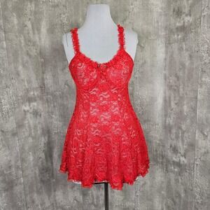 Vintage 90s Inner Most Red Lace‎ Babydoll Chemise Sexy Lingerie Ruffle Trim